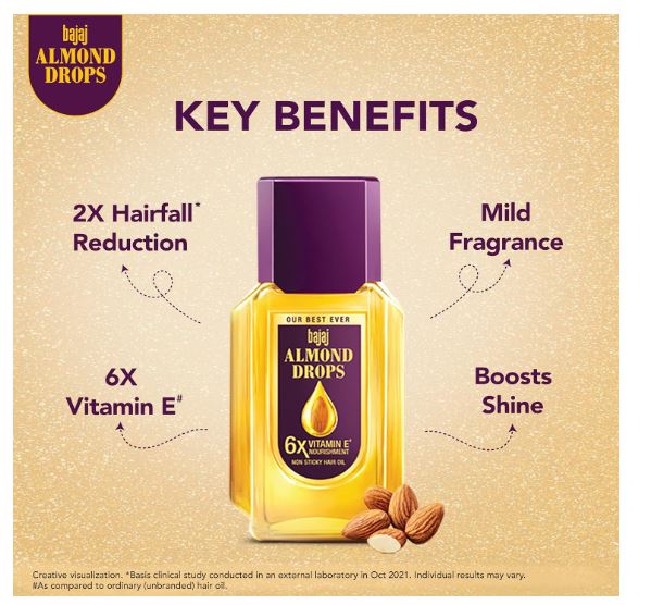 Bajaj Almond Drops | Indian Almond Hair Oil with 6X Vitamin E Nourishment | Light & Non-Sticky Hair Fall Control