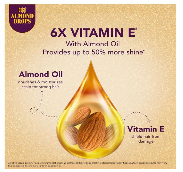 Bajaj Almond Drops |  Indian Almond Hair Oil with 6X Vitamin E Nourishment | Light & Non-Sticky Hair Fall Control